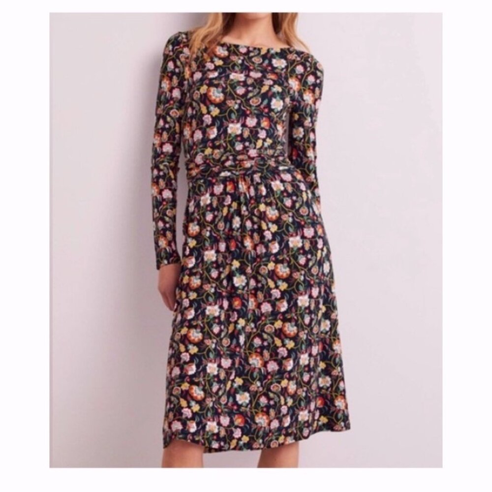 Boden Women Abigail Jersey Dress Blue Floral Size 16/18R Long Sleeve Cottagecore